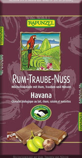 Chocolat au lait aux raisins secs, rhum et noisettes, commerce équitable BIO 100 g - RAIPONCE
